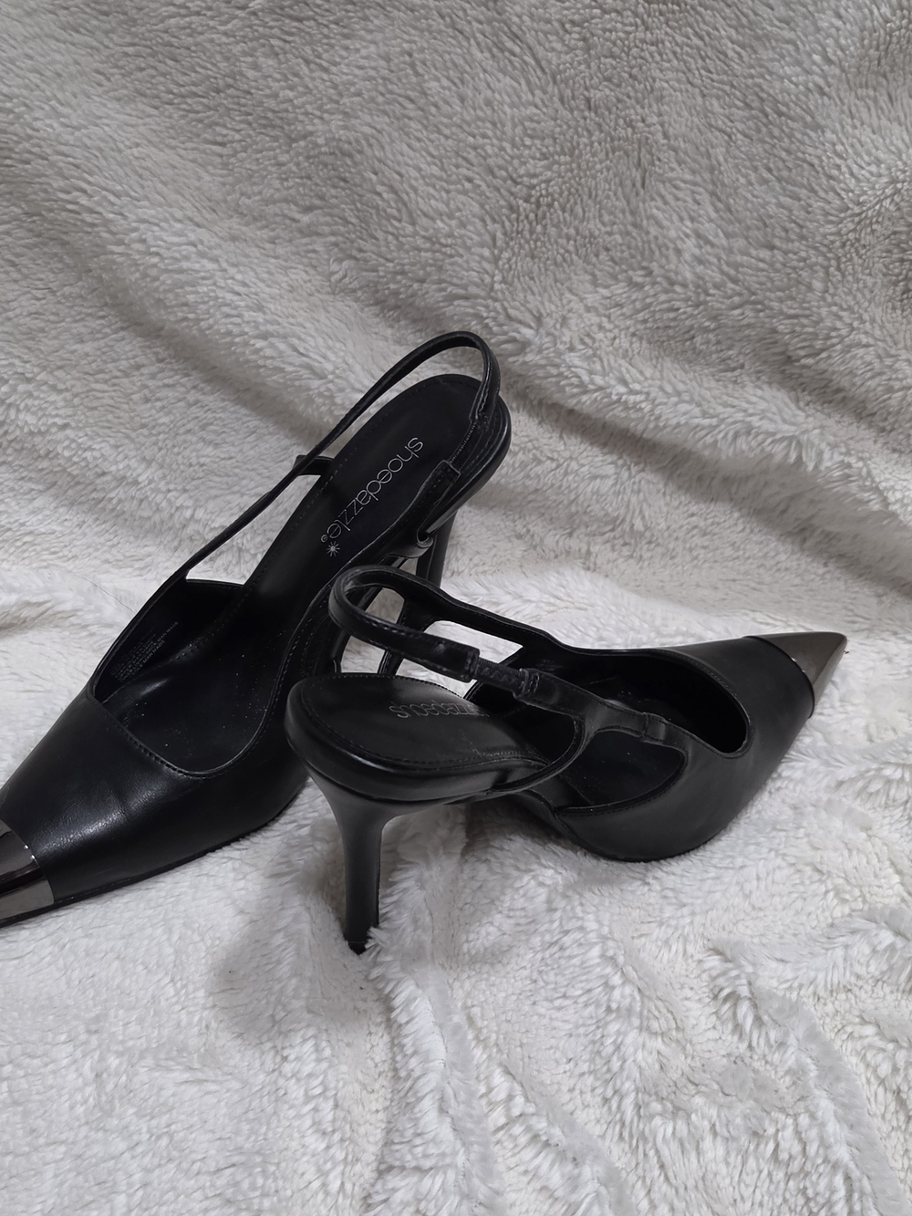 Shoe Dazzle Black Leather Pointed Toe Slingback Heels with Silver Cap